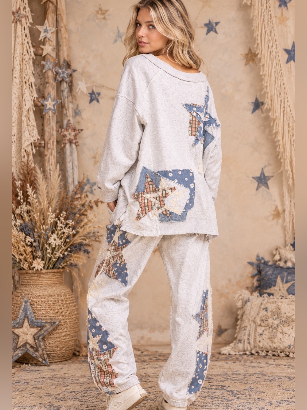 Star patchwork sweatshirt plaid daisy floral blue heather gray ⭐️RARE